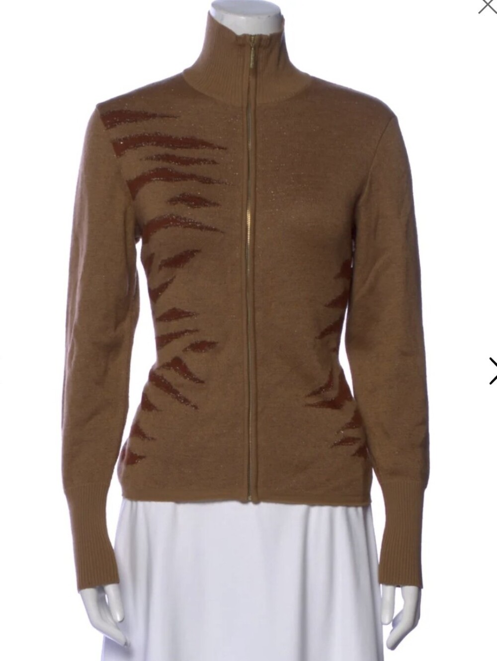 MCM Brown Zip-Front Knit Cardigan with  Glitter Accents